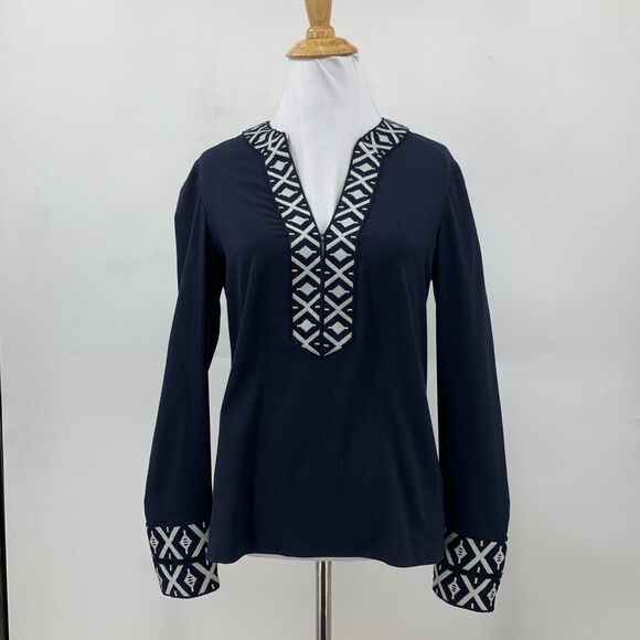 Tory Burch Ariana Tunic Top Womens 0 Zip Cuff Plunge V Neck Embroidered Knit - Picture 2 of 12